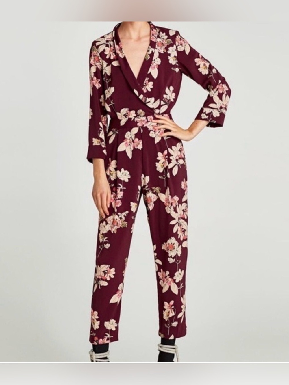 Zara burgundy floral jumpsuit, small
